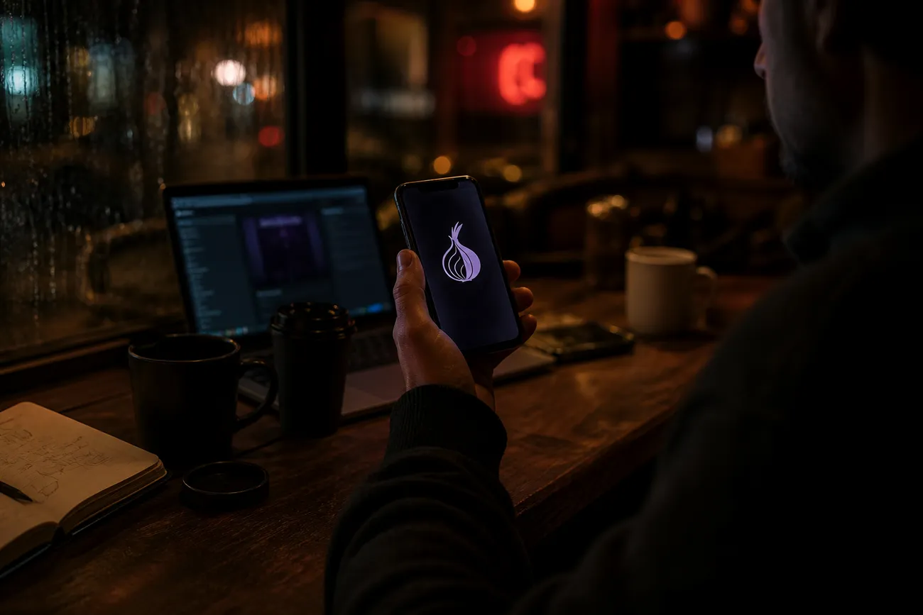 user examining onion link on smartphone