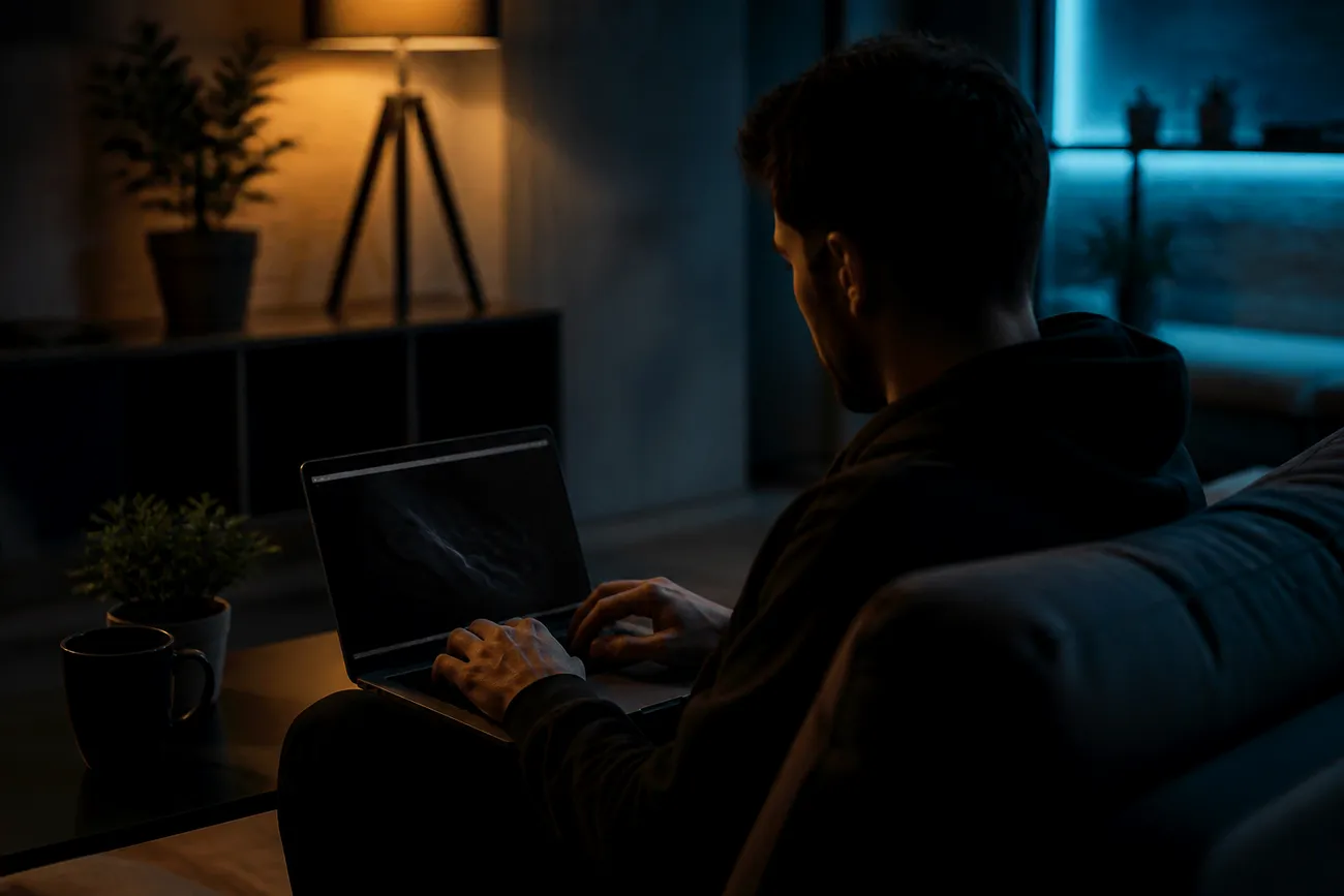 person exploring dark websites on a laptop