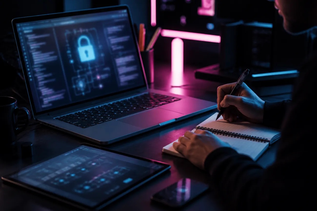 person studying cybersecurity in a modern office
