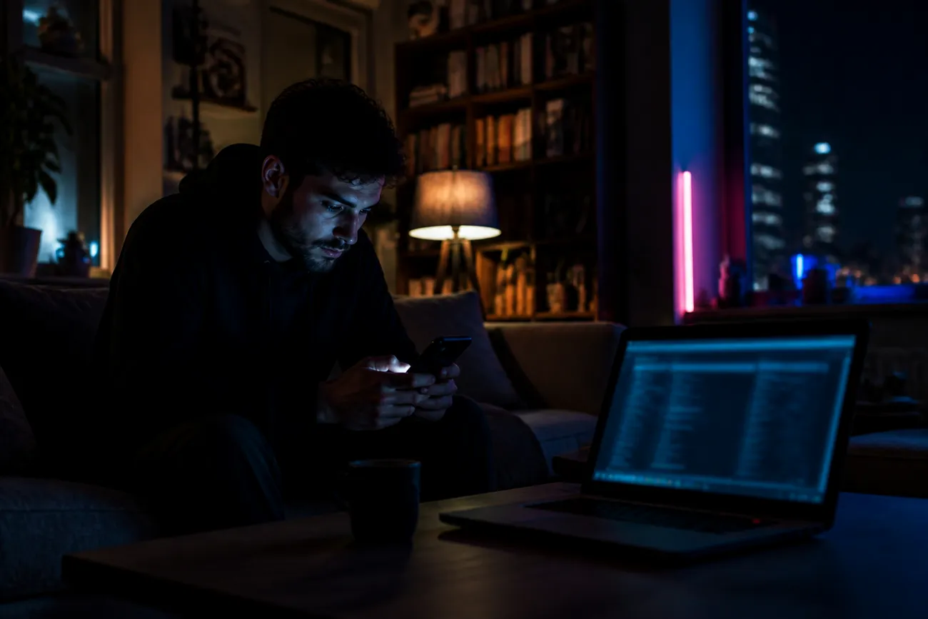 person using smartphone in cozy living room