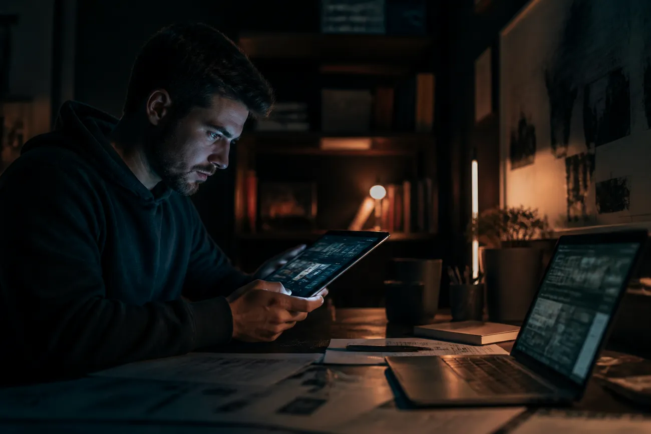 researcher examining dark web blogs on a tablet