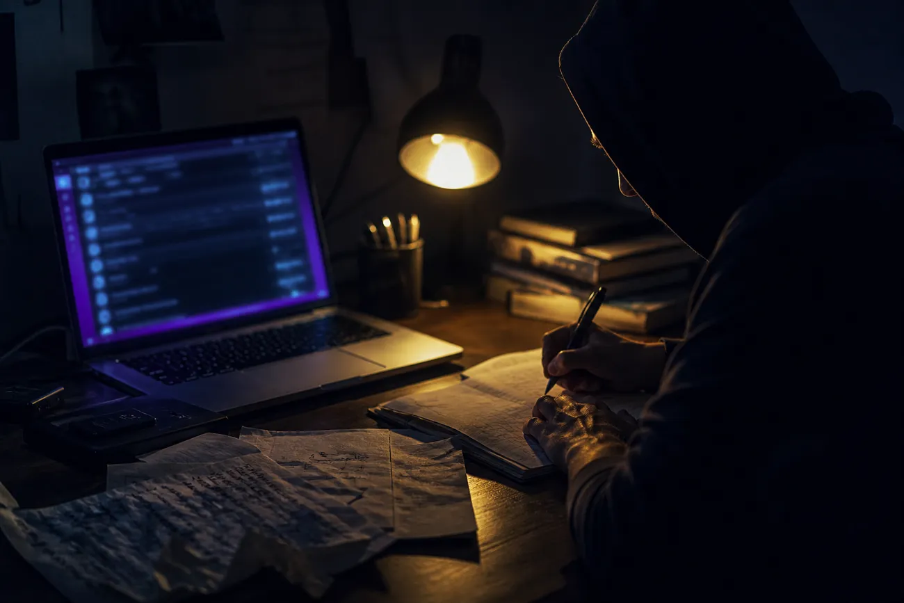 user examining deep web forum links on laptop